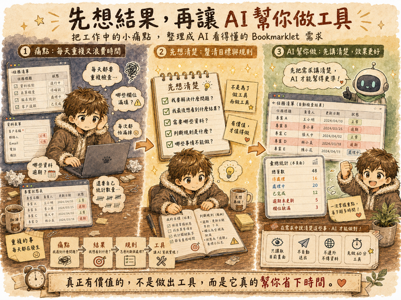 點我看大圖 不要一開始就叫 AI 寫程式:先想清楚你要的結果,Bookmarklet 才會真的好用