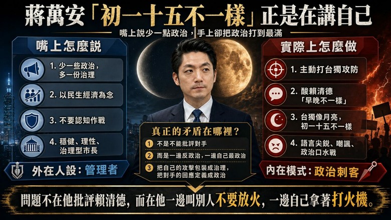 蔣萬安「初一十五不一樣」正是在講自己：要賴清德少一點政治，自己卻狂踩台獨