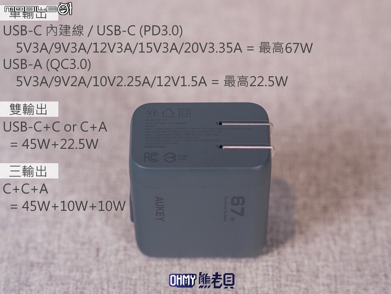 終結出門忘帶線材 AUKEY C12 氮化鎵自帶線筆電、手機快充充電器 67W