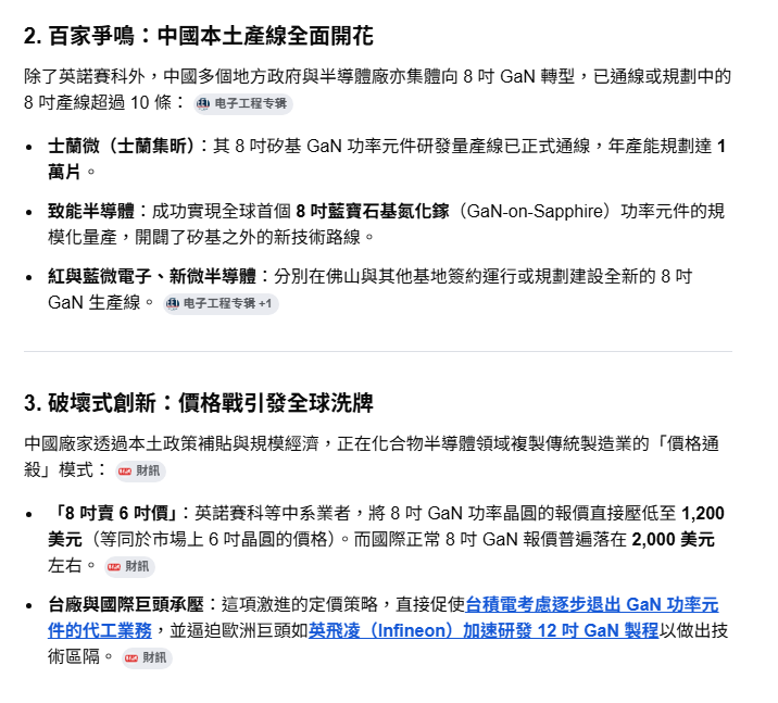 中國在 8 吋晶圓氮化鎵（GaN）的量產進度上，目前高居全球領頭羊地位
