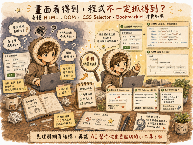 為什麼 Bookmarklet 昨天能用，今天突然失效？從看懂網頁 HTML 結構開始