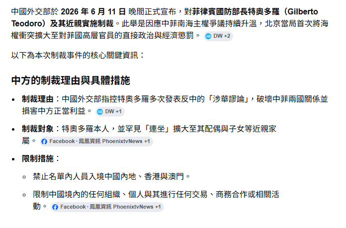 中國外交部於 2026 年 6 月 11 日 正式宣布，對菲律賓國防部長特奧多羅及其近親實施制裁