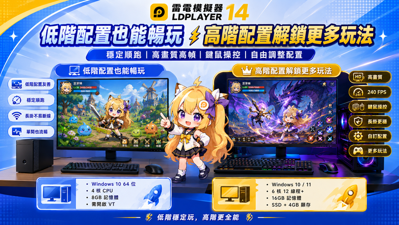《雷電模擬器LDPlayer》宣布全面支援「安卓14」系統，大幅提升電腦與手遊整體效能與穩定性