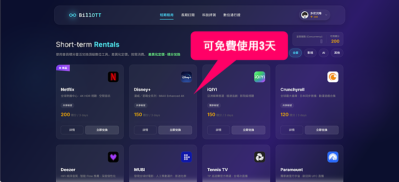 使用教學｜BillOTT - 訂閱經濟，短期積分兌換 / 長期多人合租不同平臺帳號！