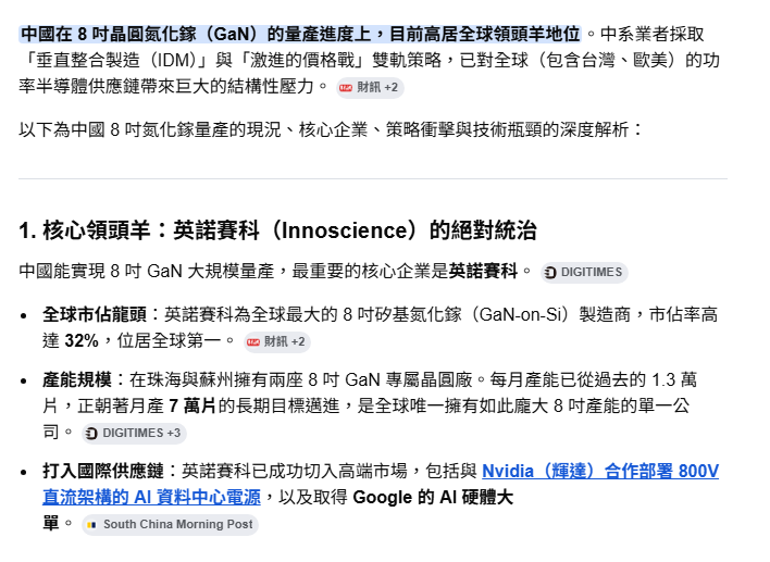 中國在 8 吋晶圓氮化鎵（GaN）的量產進度上，目前高居全球領頭羊地位