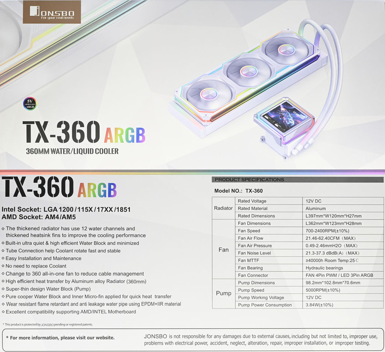 點我看大圖 JONSBO TX-360 ARGB 360mm白色一體式水冷散熱器開箱