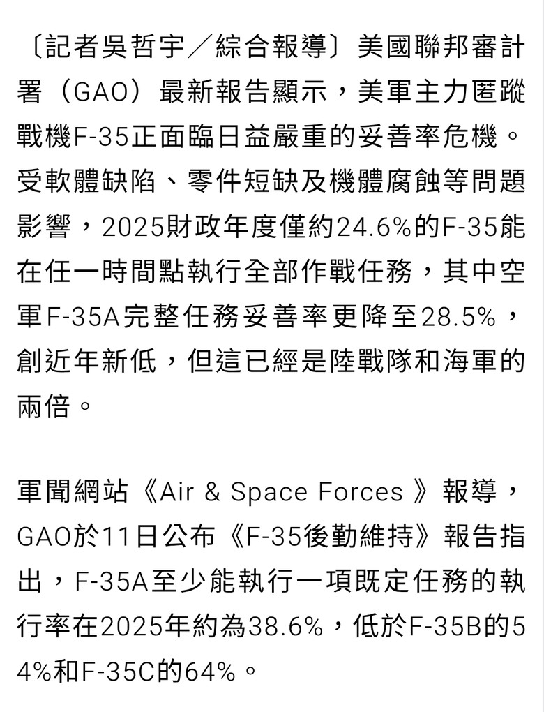 美軍F-35能執行全面任務的數量，居然只有25%而已