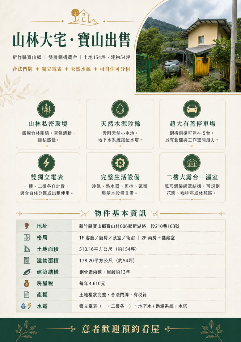 【屋主親屬自售・免仲介費】新竹寶山 154坪 山林大宅｜離塵不離城的世外桃源 🌲