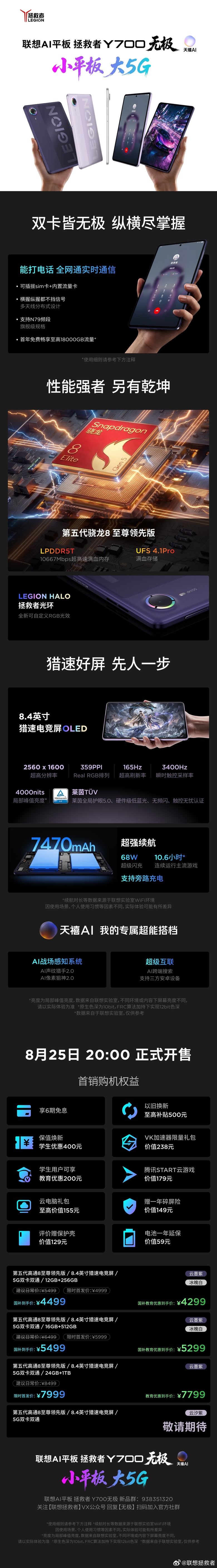 聯想拯救者Y700無極5G小平板8.4吋 可插SIM卡 上市