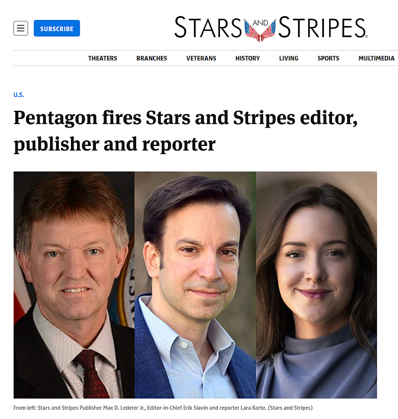 解決提出問題的人——五角大廈解僱星條旗報發行人、總編和記者。