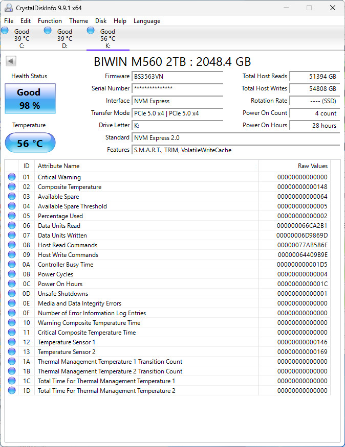 【開箱簡測】Biwin M560 PCIe Gen5.0 x4 NVMe HMB 2TB SSD 效能簡測 (圖多)