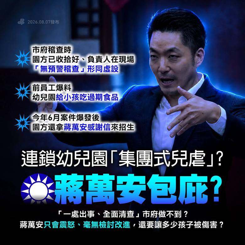 連鎖幼兒園「集團式兒虐」？蔣萬安包庇？疑似涉嫌包庇與通風報信！我們要問蔣萬安市長：當集團式經營已成趨勢，台北市政府為什麼還把每起事件都當成單一個案處理？當家長把信任交給市府，市府又拿什麼保障每一位孩子的安全？ 請蔣萬安不要再裝睡，立即落實「一處出事、全面清查」，全面檢視高風險連鎖教保機構，建立跨機構監管機制，給所有家長一個交代，更還給孩子一個安全的成長環境！