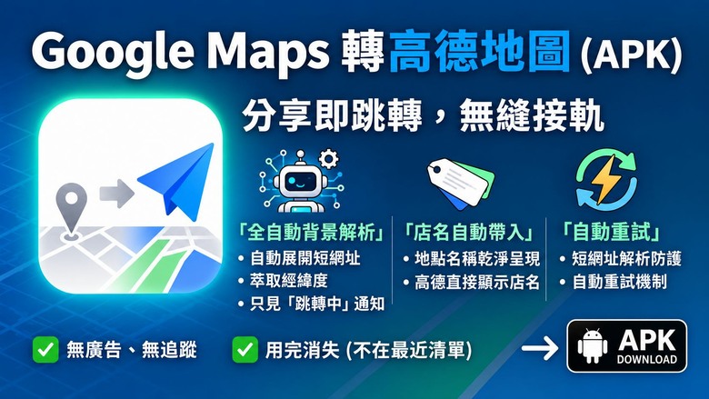[自製App分享] Google Maps 轉高德地圖 APK｜Google 地圖分享地點，一鍵開啟高德地圖導航