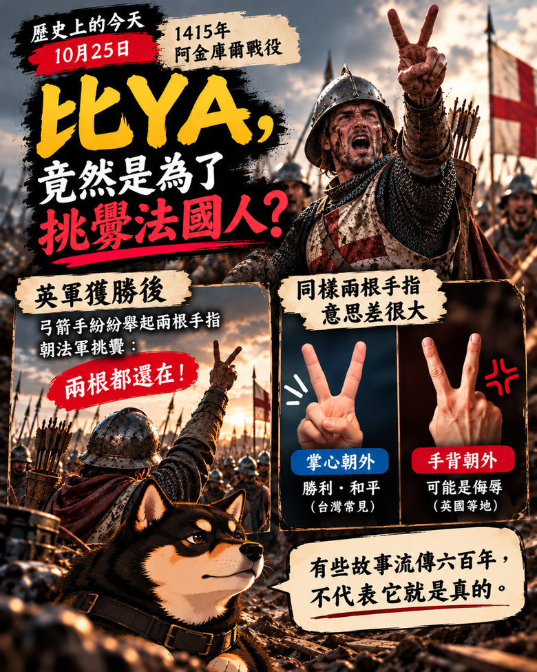 【歷史都市傳說】比YA，竟然是為了挑釁法國人？歷史上的今天－阿金庫爾戰役與V字手勢的傳奇