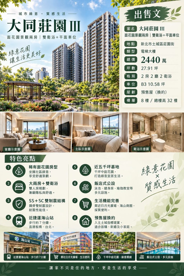 【出售文】 【案名】：大同莊園 III｜面花園景觀兩房｜雙衛浴＋平面車位