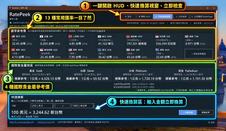 點我看大圖 RatePeek|Windows 匯率小窗 v1.2 更新,支援多視窗換算與剪貼簿自動接收