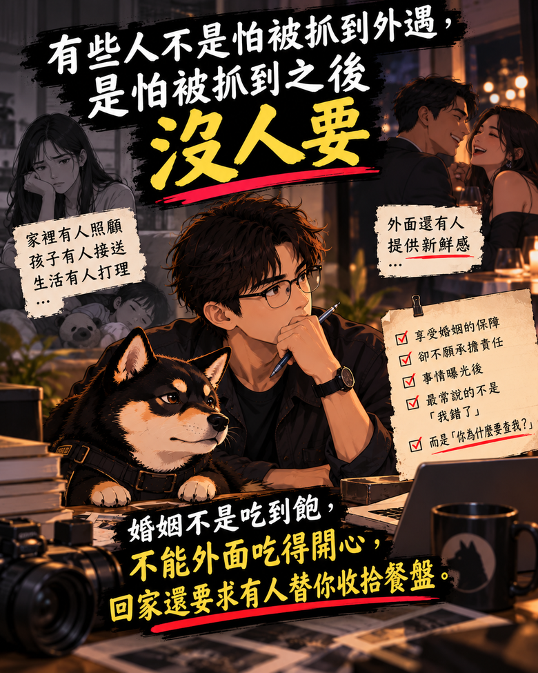 【有些人不是怕被抓到外遇，是怕被抓到之後沒人要】婚姻不是吃到飽，更不是免費的後勤補給站