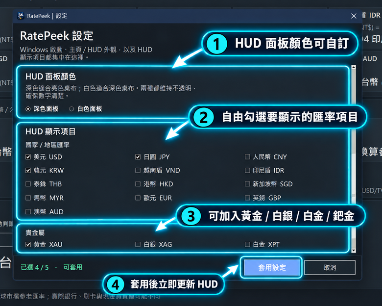 點我看大圖 RatePeek|Windows 匯率小窗 v1.2 更新,支援多視窗換算與剪貼簿自動接收