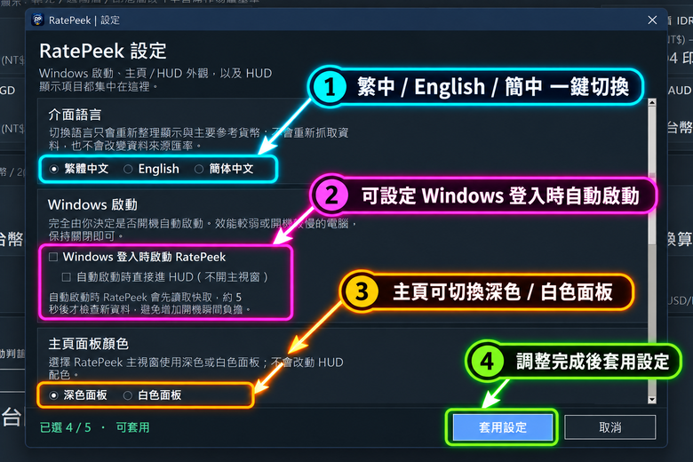 點我看大圖 RatePeek|Windows 匯率小窗 v1.2 更新,支援多視窗換算與剪貼簿自動接收