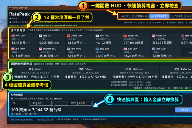 RatePeek｜Windows 匯率小窗 v1.2 更新，支援多視窗換算與剪貼簿自動接收